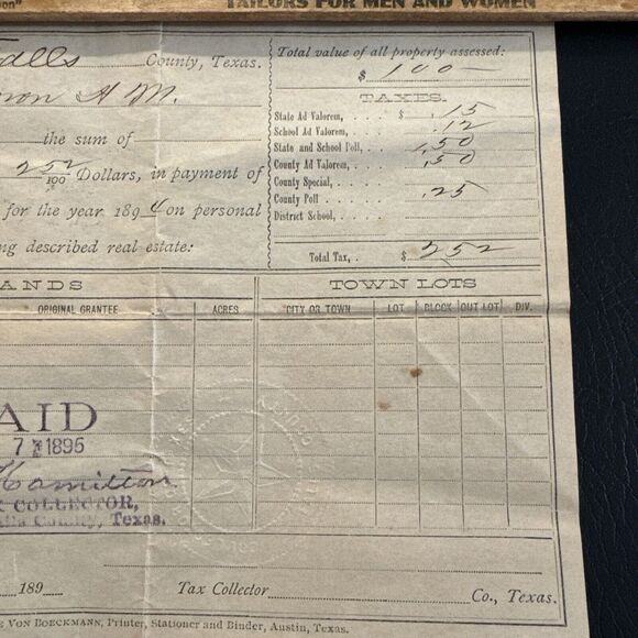 Texas Fall County Property Tax Bill STAMPED STAR 1895 Waco Austin Paper RARE HTF - Picture 3 of 7